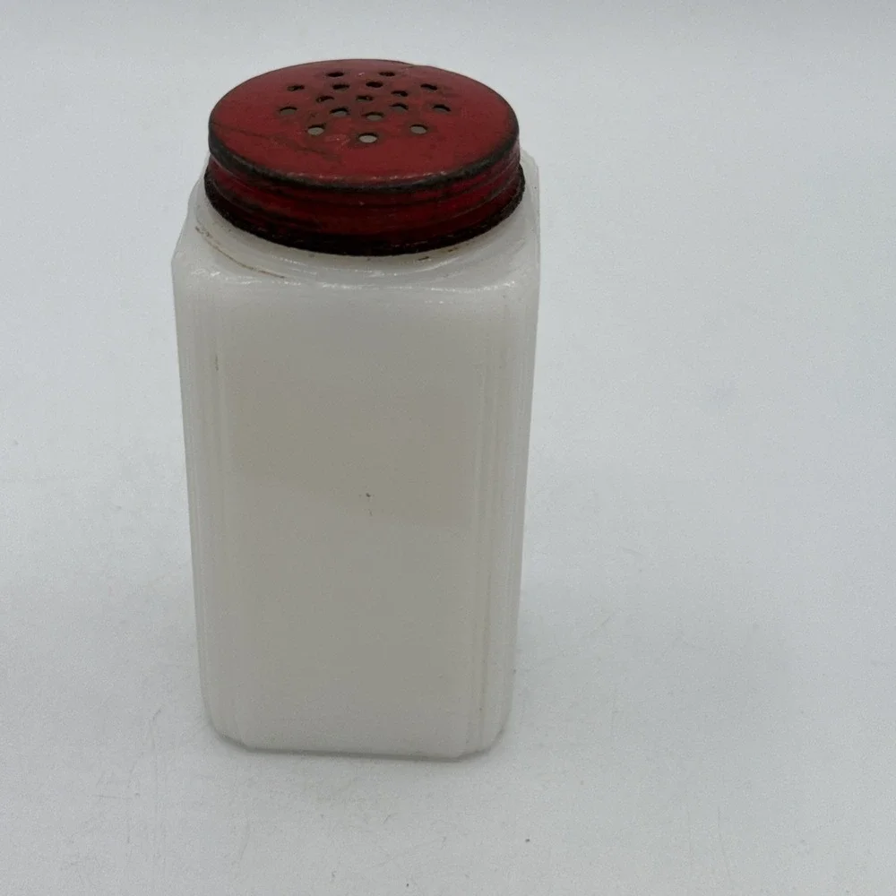 Vintage McKee Tipp City Milk Glass Salt Shaker Flower Pot Red Metal Lid 4